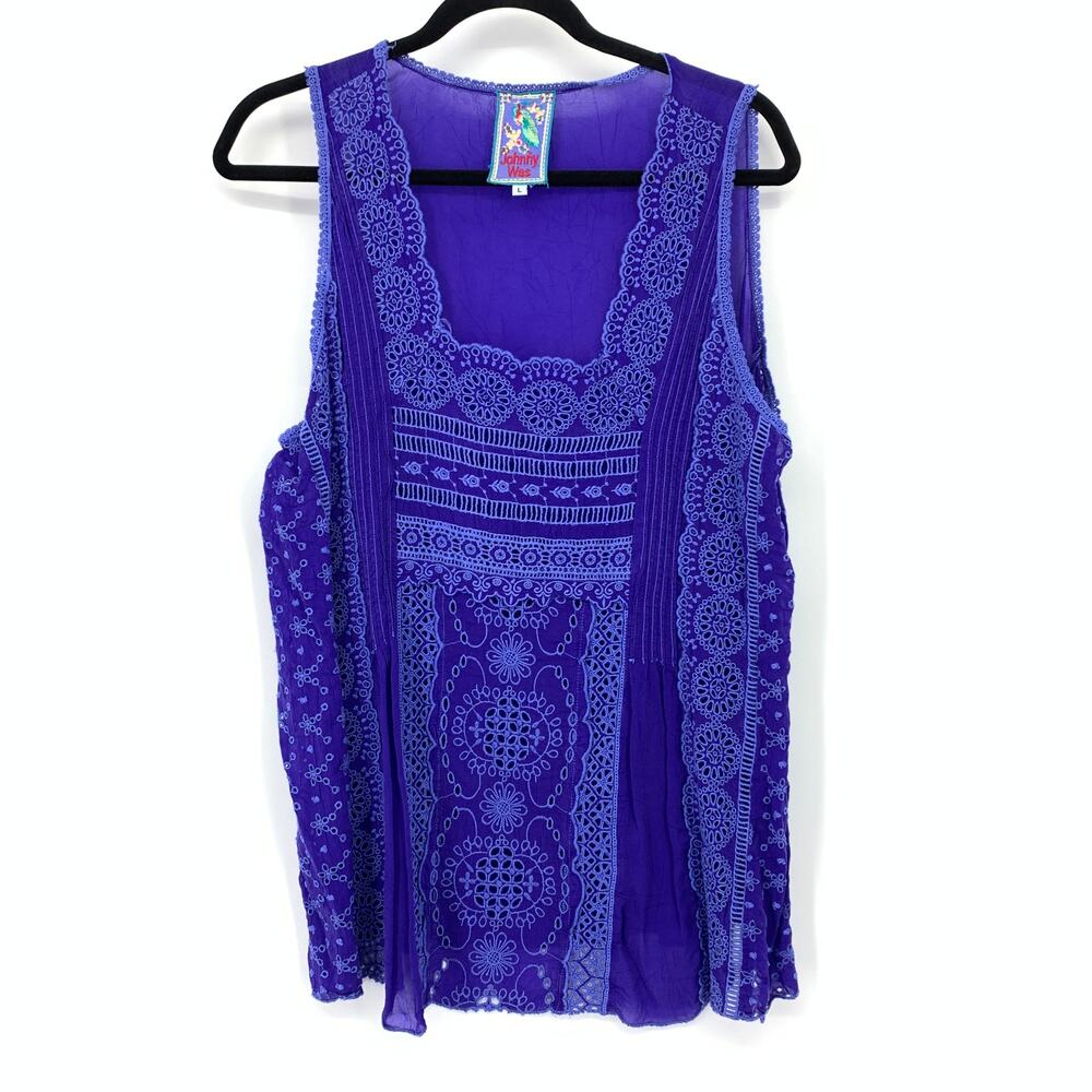 Johnny Was Womens L Purple Indigo Embroidered Sleeveless Tunic Boho Tank Blouse